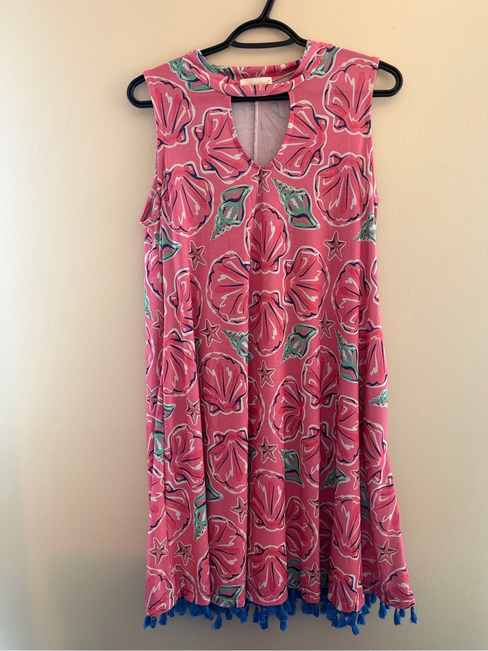 Simply Southern Pink Shell-Print Keyhole Mini Dress with Blue Tassels